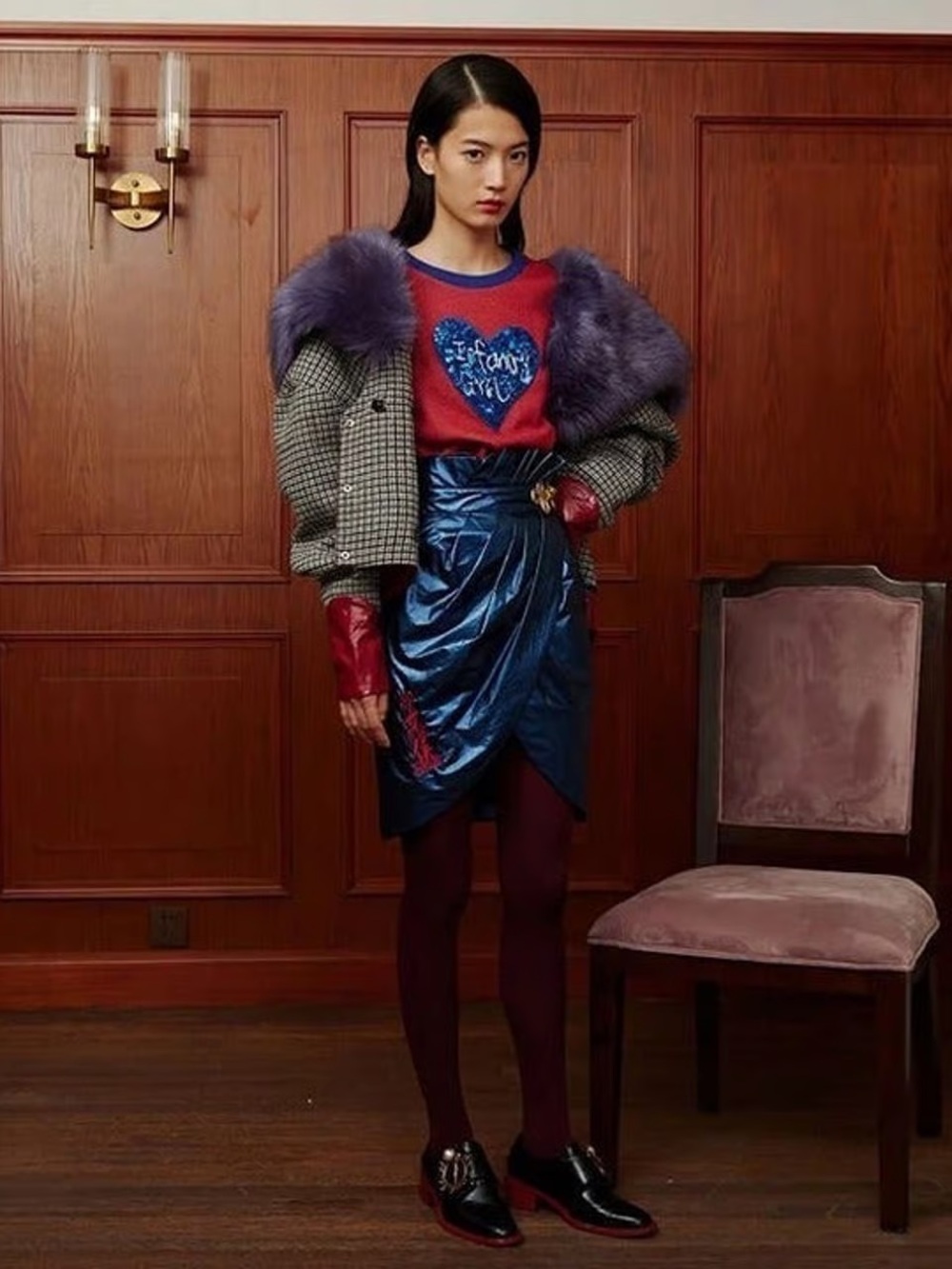 Mukzin Jade in the Shadow Retro Plaid Wool Jacket with Blue Fur Collar